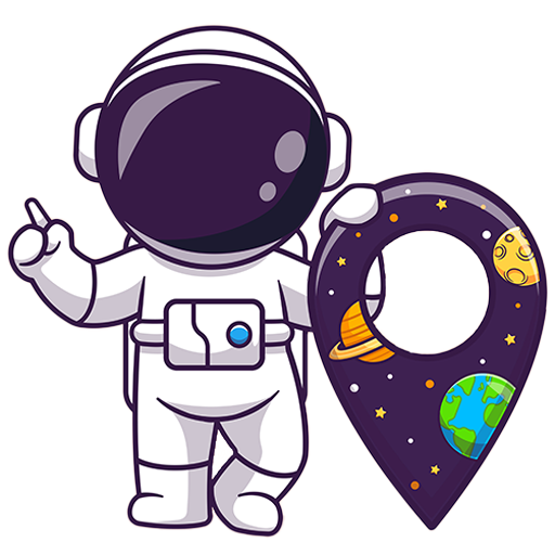 Cartoon-Astronaut winkt und steht neben einer großen Landkarte Pin mit Illustrationen von Planeten, Sternen und Raum auf sie verziert.